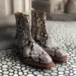 UNITYPUREMAX™ Men's White Snake-Pattern Cowhide Leather Dress Boots – Handcrafted Pointed-Toe Zip Ankle Boots 3