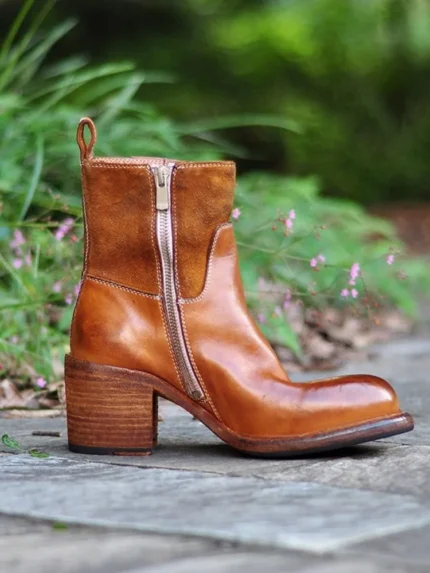 UNITYPUREMAX™ Women’s Genuine Horsehide Leather Ankle Boots – Handmade Vintage Chunky Heel Zipper Boots 1