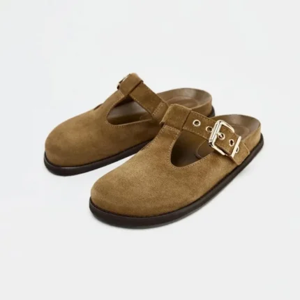 UNITYPUREMAX™ Women’s Brown Cow Suede Mules – Covered-Toe Buckle Slip-On Flats with 1 cm Heel 1