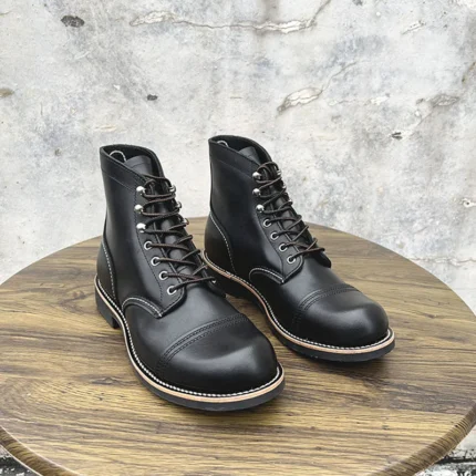 UNITYPUREMAX™ Men’s Handmade Genuine Cow Leather Cap-Toe Work Boots – Retro Lace-Up Ankle Boots in Black 4