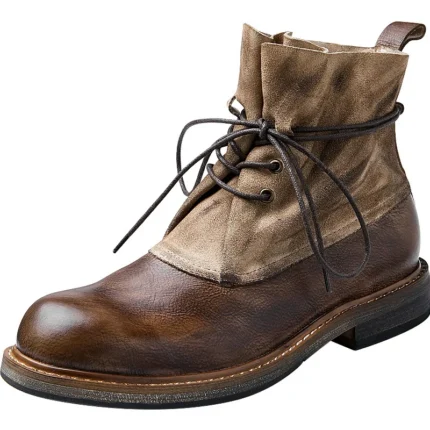 UNITYPUREMAX™ Men’s Handmade Leather and Suede Ankle Boots – Slouch Shaft, Round-Toe, Lace-Up Retro Style in Brown 1